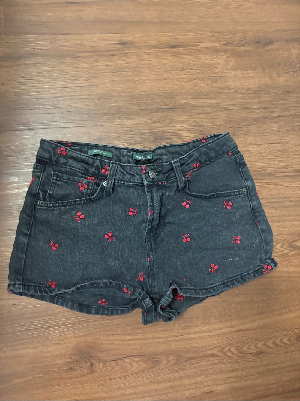 wild fable Black Denim Shorts with Red Cherry Embroidery